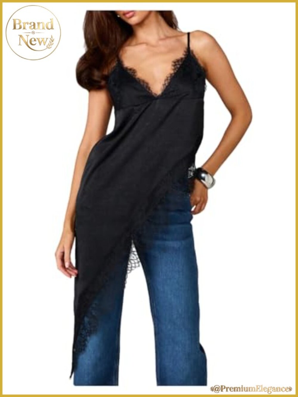 Satin Lace Patchwork Halter Tank Top Adjustable Straps Asymmetrical